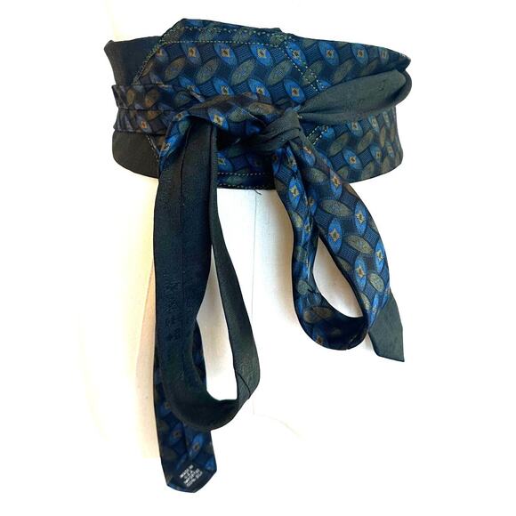 CheekyMontana Accessories - Unique Satin Obi Belt Wide One Size Wrap Green Silk Geometric Upcycle Necktie